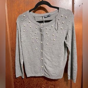 Grey Button Front Zara Knit Sweater with Pearls and Rhinestones